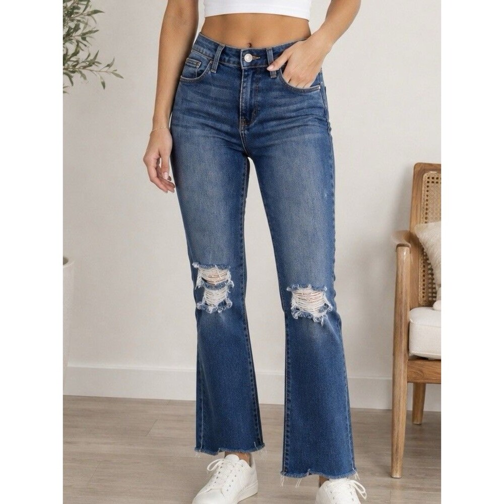 Just Black Denim Jeans Size 26 Blue Mid Rise Distressed Ripped Raw Hem Stretch